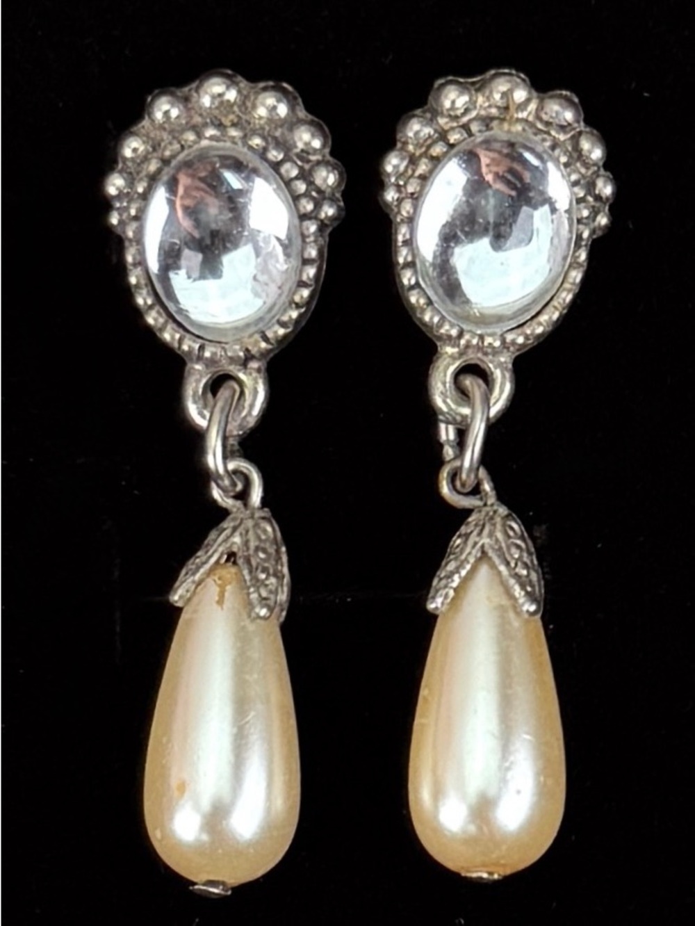 Vintage aged, Silvertone faux pearl drop pierced earrings